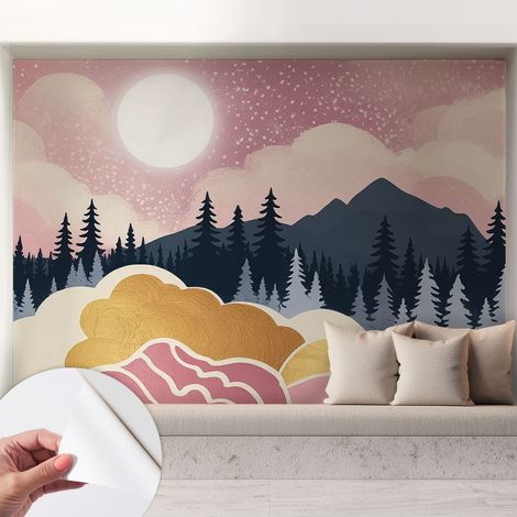 Papier peint autocollant décoratif à motifs pour salon chambre et bureau Tapete adhésif pour décoration Coucher de soleil rose 208x146 cm (1/5)