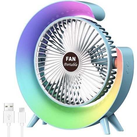 Ventilador de escritorio personal de 5 pulgadas con iluminación LED，ventilador con batería recargable USB，exteriores y camping，azul (1/5)