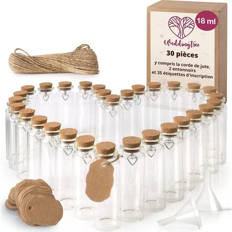 30 x Bouteille 30 x 18ml - Tube a Essai Verre pour Les Mariages - Petite Fiole - Contenant Dragées Set avec Liège et Pendentif en Forme de Coeur (1/5)