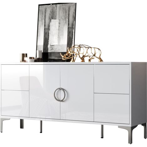 Meuble d’appoint 150 × 38 × 59,5 cm, buffet de salon avec 4 tiroirs, 2 portes d’armoire, meuble de salle à manger, buffet brillant, commode avec pieds de support en métal, grands rangements sans poign