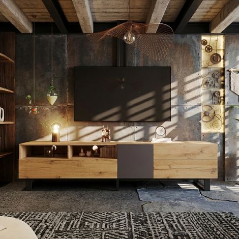 Meuble TV Bois 180, Banc TV avec 2 Portes Coulissantes et 2 Tiroirs, Meuble Bas pour Salon, 180x33x50cm, Bois & Noir (1/5)
