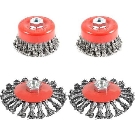 4pcs Brosse Métallique Nettoyage, Brosse Conique pour Meuleuse d'angle, Brosse de Ponçage en acier Torsadé, Diamètre de 75 mm et 100 mm, M14 (1/5)
