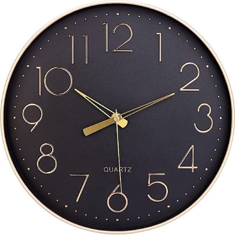 Horloge murale noire de 30,5 cm, silencieuse, sans tic-tac, chiffres arabes, horloge murale ronde décorative pour salon, chambre, cuisine (pile non incluse), chiffres dorés (1/4)