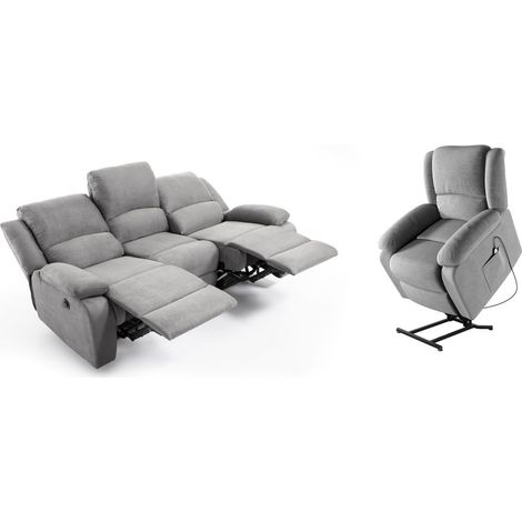 Loungitude – Ensemble canapé relax électrique 3 places en microfibre grise – Fauteuil releveur – Dossiers inclinables jusqu'à 170° – Dimensions canapé 190x93x96cm (1/5)