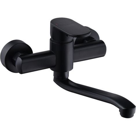 Robinet mural pour évier de cuisine pivotant à 360° en acier inoxydable, bec réglable, levier unique, bras pivotant de 20 cm inclus, noir