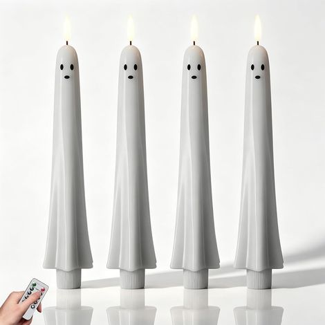 4 Bougies Chandelles Fantôme LED avec Télécommande et Minuterie, Effet Flamme Vacillante, Décoration Halloween (1/5)