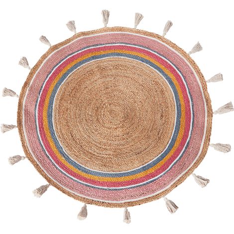 Alfombra boho infantil de yute ø 120 cm redonda tejida a mano con borlas decorativas sala de estar habitación infantil multicolor Zanavi