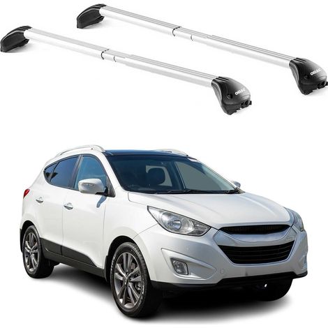 OMAC Barres de toit transversales certifiées TÜV pour Hyundai ix35 2010-2015 – Verrouillables (4 antivols) – Charge max 100 kg – Sangle inox + protection caoutchouc Argent (1/4)