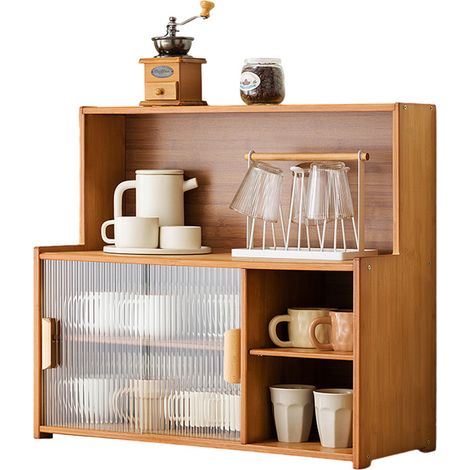Sinbinta – Buffet de cuisine en bambou 3 niveaux – Armoire de rangement avec 2 portes coulissantes en verre – Dimensions 67 x 28 x 61 cm – Pour tasses et ustensiles (1/5)