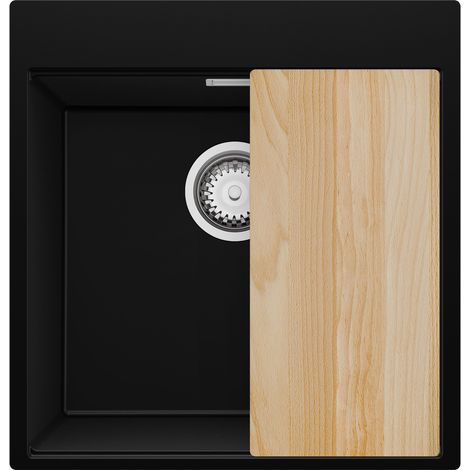 PRIMAGRAN Evier Cuisine en Granit 48x50cm,Lavabo 1 bac + Kit de Vidage + Planche à Découper, Évier à Encastrer au meuble 50cm - Oslo, Noir (1/5)