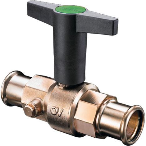 OVENTROP Válvula de bola con manija de palanca de plástico Optibal con conexión de prensa PN 16 DN 25, 28 mm, latón, niquelado, 1077165
