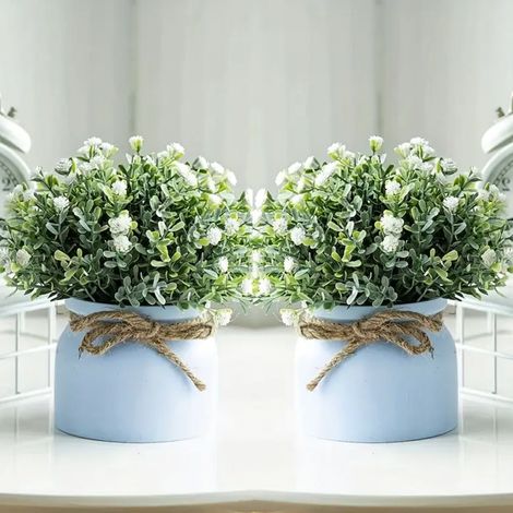Ensemble Déco Maison Blanche - 2 Plantes Artificielles avec Gypsophile et Mini Pots, Décorations Créatives 20x18cm pour Noël/Anniversaire (1/4)