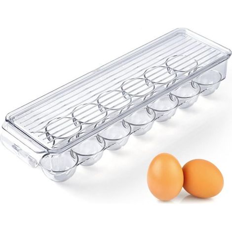 rangement oeuf frigo, récipient de stockage dœufs à 14 compartiments, distributeur dœufs en plastique avec couvercle, porte-œufs transparent empilable pour réfrigérateur, 37 x 11 x (1/5)