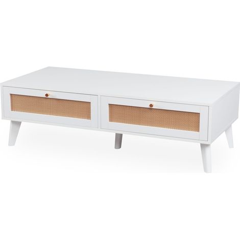Table basse 2 tiroirs avec cannage Dalgora L120cm Blanc