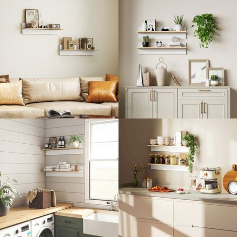 Étagère murale 2 pièces, tablette flottante en bois naturel et blanc, présentoir mural pour cuisine et salon, lot de rangement décoratif (1/5)