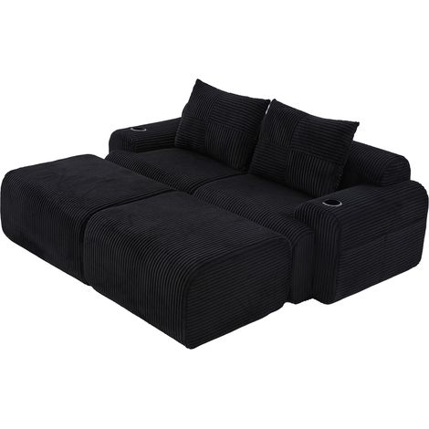 Modulares 2-Sitzer-Cordsofa mit 2 Hockern, Cupholder und Seitentasche, Schwarz (1/5)