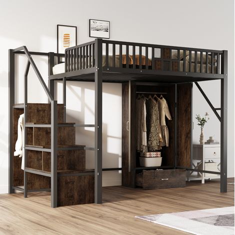 CHICFURN Letto a soppalco per adulti 140x200 cm in metallo e legno nero con contenitore (1/5)