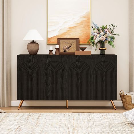 Buffet de style mid-century, meuble d'entrée noir avec rainures 3D et portes cintrées, en bois d'ingénierie, étagères réglables et pieds en métal doré.