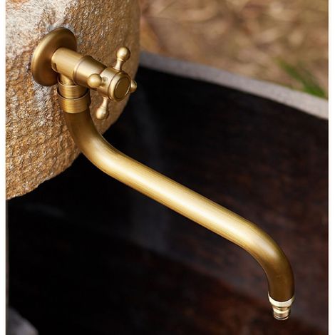 Wandarmatur im Antik-Stil, einzelner Kaltwasser-Außenwasserhahn, längliches Ganzkupfer-Waschbecken, Retro-Innenhofarmatur, frostfrei. (1/5)