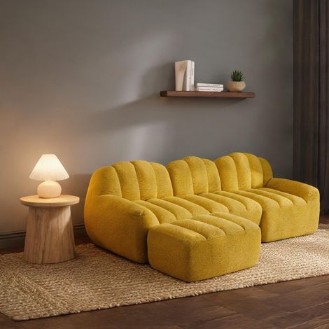 Canapé modulable jaune 4 places en U avec 2 poufs mousse 32D (1/5)
