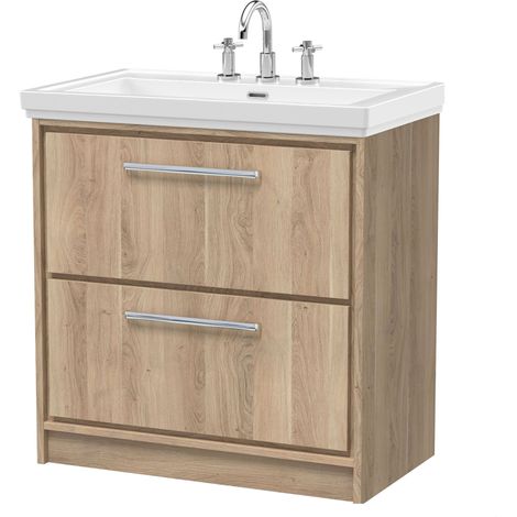 Longnor 2 Drawer Floor Standing Vanity Unit with 3 Tap Hole Traditional Fireclay Basin, Light Oak, 800mm