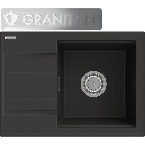 ÉVIER EN GRANIT ÉGOUTTOIR NOIR + SIPHON DOUCHETTE CHROMÉE (1/5)