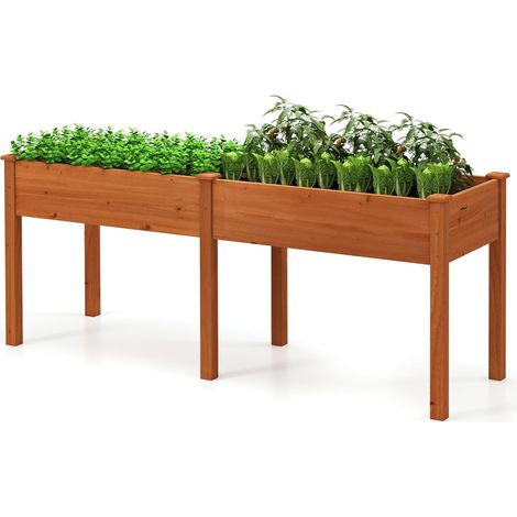 GOPLUS Jardinières Exterieur Surélevé en Bois de Sapin avec Pieds, 184 x 58 x 77 CM, Carre Potager Élevée avec Séparateur, 8 Trous de Drainage, Idéal pour Légumes, Fleurs, pour Patio, Jardin (Jaune) (1/5)