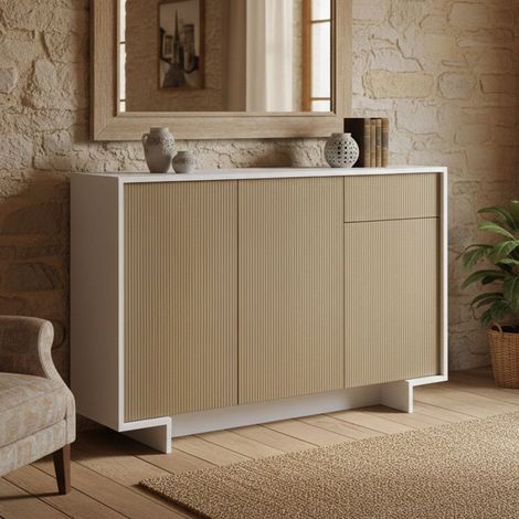 Dmora - Aparador Aneto, Aparador de salón, Buffet de salón con 3 puertas y 1 cajón, 100% Made in Italy, 134x35h87 cm, Blanco y Beige, con embalaje reforzado
