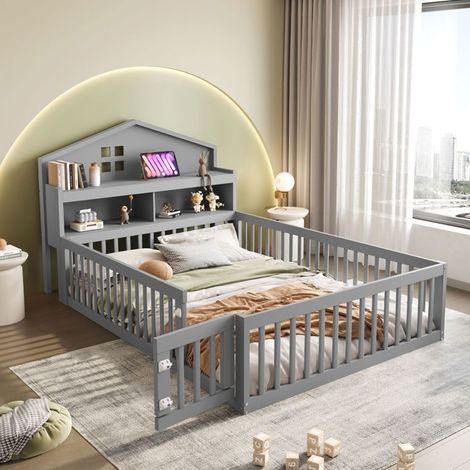 Lit enfant 140x200 cm, bois massif, gris, étagères, barrière, sommier lattes lit enfant avec sommier et matelas (1/5)