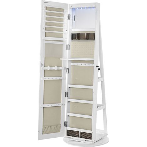 Songmics – Armoire à bijoux sur pieds verrouillable avec miroir – Rangement pivotant 360° – 6 LED – 3 étagères – Surface blanche, doublure en grège – Dimensions 54,5 x 54,5 x 162 cm