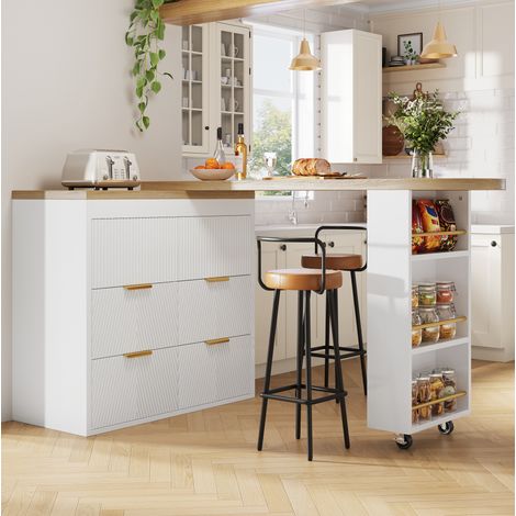 Credenza bar girevole in MDF e metallo bianco, 128-203x39x90 cm, con 6 cassetti e modulo 360° (1/5)