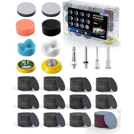 Lot de 435 disques de ponçage humides et secs de 5,1 cm, kit de polissage pour perceuse, kit de restauration de phares avec tampon de polissage pour bois, métal et résine de 5 cm (1/5)