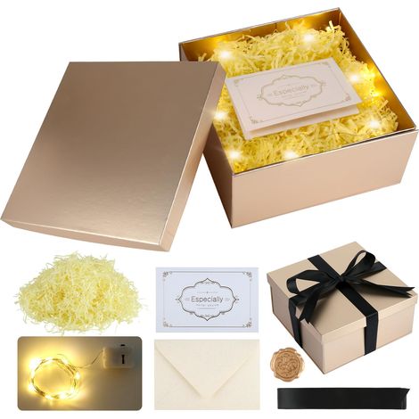 Coffret cadeau avec couvercle, 20 x 20 x 10 cm, pliable, avec ruban, carte de vœux, enveloppe, tampon d'enveloppe, matériau de remplissage raphia et lumière LED pour anniversaire, mariage (or rose) (1/5)