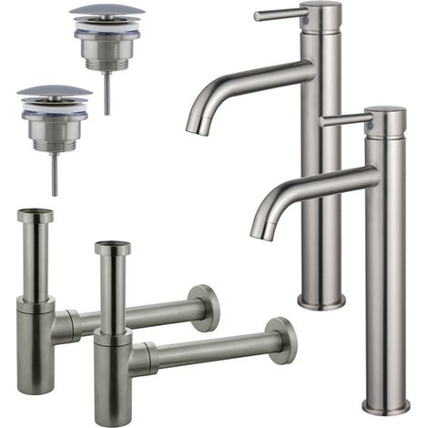 FugaFlow Eccelente Sobrado Kit robinet lavabo - pour double vasque - robinet rehaussé - bonde non-obturable - siphon design - Inox brossé PVD (1/4)