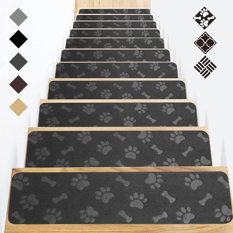 76 x 20cm 15pack Noir Patte de Chien,Tapis d'Escalier pour Escaliers en Bois,Tapis d'Escalier Antidérapant avec Support Auto Adhésif pour Personnes (1/5)