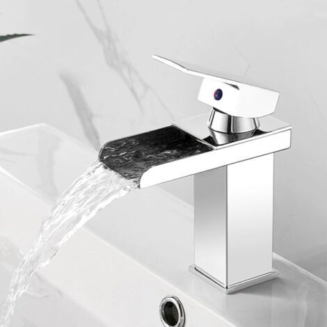 Wasserfall-Waschbeckenarmatur, Edelstahl-Waschtischarmatur mit Wasserfallauslauf, Einloch-Waschtischmischer, Chrom, kurz FLITI