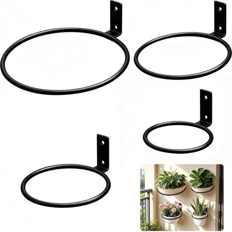 (4 Größen) Set mit 4 schwarzen, wandmontierten Blumentopfhaltern aus Eisen inklusive Schrauben, Wandhalterungen für Pflanzgefäße im Innen- und Außenbereich, z. B. für Balkon, Garten und Terrasse (1/5)