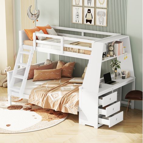 Letto a castello bambini 90x200 cm e 140x200 cm con scrivania, ripiano portaoggetti, 3 cassetti, scala e sponda di sicurezza, senza materasso, bianco (1/5)
