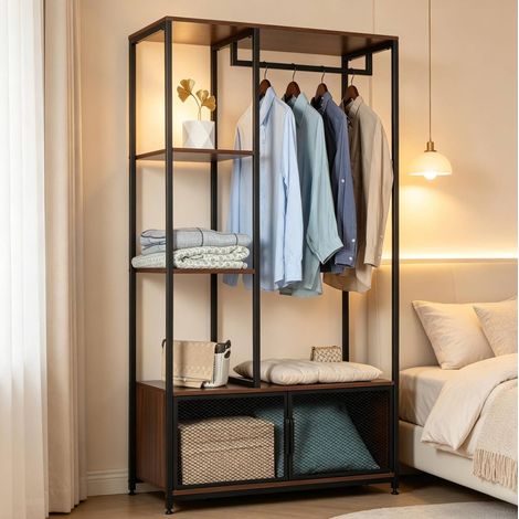 Portant de vêtements ouvert industriel avec étagères, meuble d’entrée en MDF et métal noir, pour chambre et salon, rangement CHICFURN (1/5)