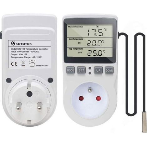 Prise Thermostat - Regulateur Temperature Numerique Avec Sonde Exterieure - Pour Chauffage Et Refroidissement - Affichage LCD - 1 Unite (1/5)