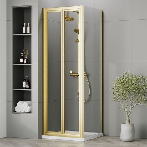 Nuie Rene Bi-Fold Shower Door 700mm Wide with Brushed Brass Profile - 4mm Glass