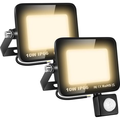 2 Pcs Projecteur led extérieur avec detecteur de mouvement, 10W 1000LM 3000K Blanc Chaud Spot led extérieur, IP66 Étanche eclairage de sécurité floodlight pour Terrasse Garage Jardin