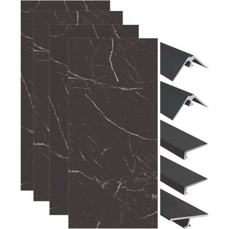 ONDEE ZEN - Pack de montage 4 panneaux muraux en niche - marbre noir 200 cm - profilés noirs (1/4)