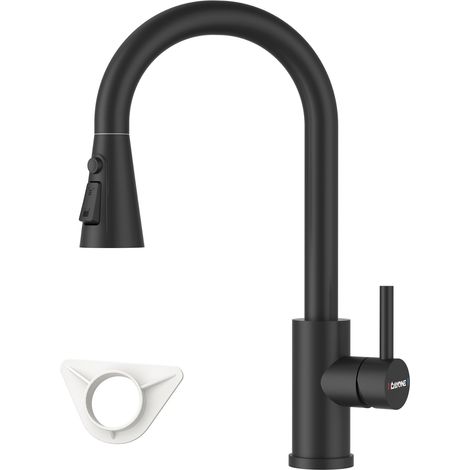 DAYONE Matte Black Kitchen Mixer Tap with Pull Out Spray, Single Lever Sink Taps Mixer for Kitchen, 360° Swivel High Arc Stainless Steel Black Kitchen Tap with 3 Spray Mode, UK 1/2 Kitchen Faucet (1/5)