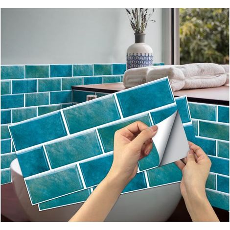 Linghhang – Lot de 6 stickers carrelage cuisine bleu – Autocollants imperméables en PVC – Dimensions 15x30 cm – Installation auto-adhésive facile (1/5)