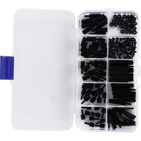 140-teilige Schachtel mit M2 Nylon-Rundkopf-Kreuzschlitzschrauben, Sechskantmuttern, Außengewinde, Innengewinde, Distanzstück-Sortiment (schwarz) (1/5)