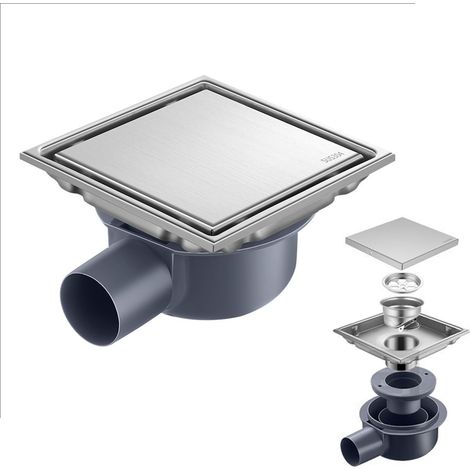 1 siphon douche inox gris siphonique 15×15cm anti-odeur avec filtre à cheveux (1/4)