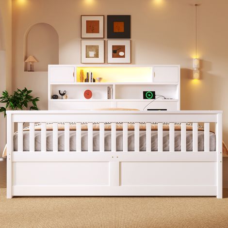 Cadre de lit à plateforme (160 x 200 cm) avec étagères et étagères de rangement,éclairage LED,USB et quatre tiroirs,blanc (1/5)