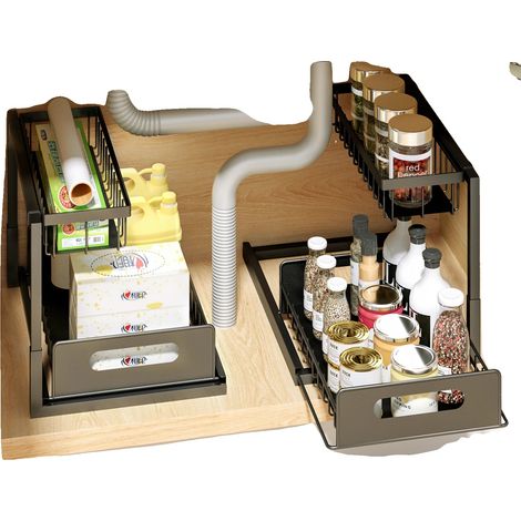 Organisateur sous l'évier, tiroir coulissant, design gain de place, noir, 2-niveaux (1/2)