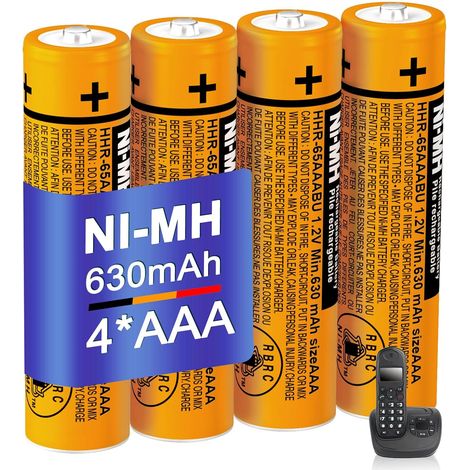 HHR-65AAABU Lot de 4 piles rechargeables NI-MH AAA 630 mAh 1,2 V pour téléphones sans fil (1/5)